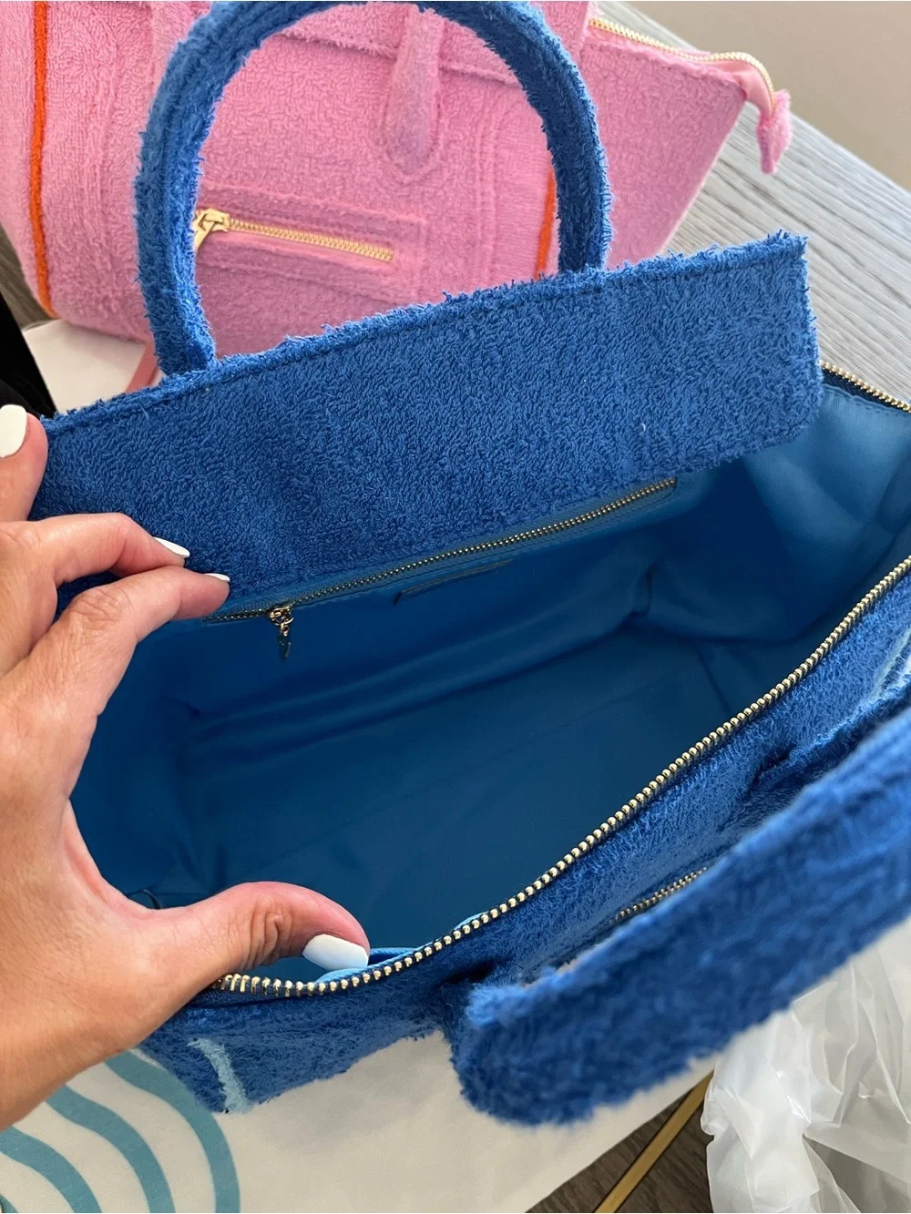 New Celine Blue terry cloth with blue trim Textured Tote Bag